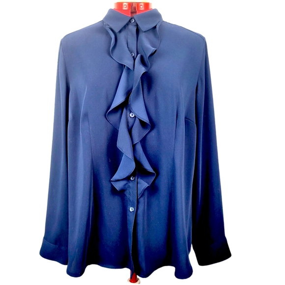 Chicos Colbalt Blue Ruffle Front Silky Blouse Size 2 Medium 12-14 - Picture 2 of 14